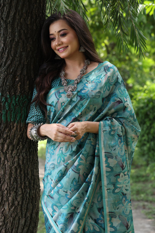 Soft Silk Saree with Flower print - FIROZI
