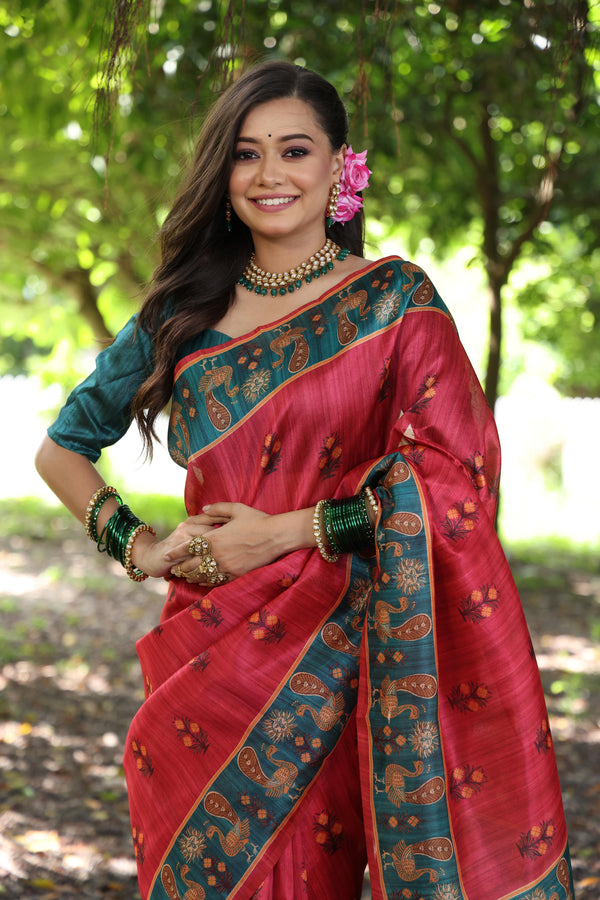 Kalamkari Printed Tusaar Silk Saree - RED