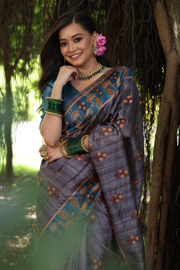 Kalamkari Printed Tusaar Silk Saree - GREY