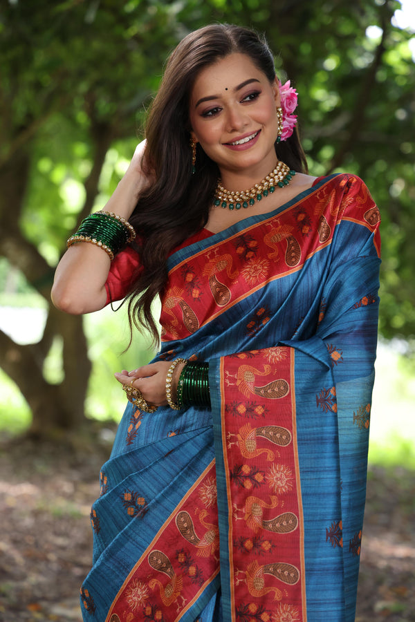 Kalamkari Printed Tusaar Silk Saree - BLUE