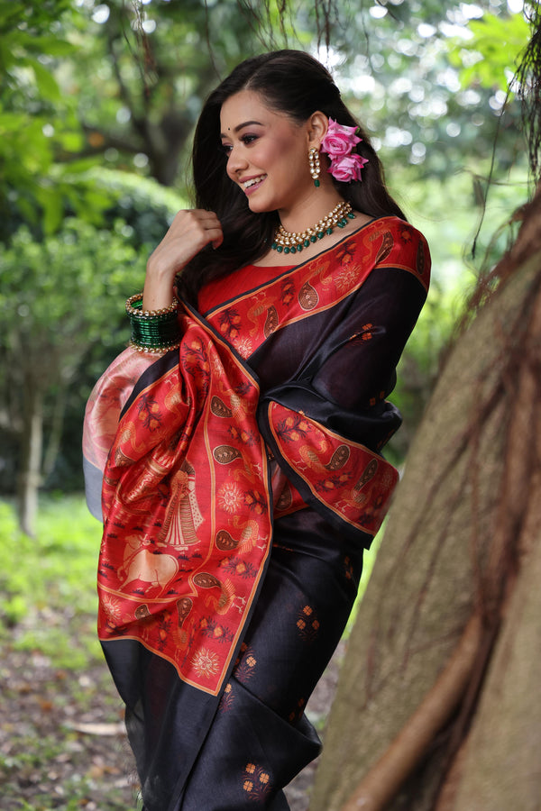 Kalamkari Printed Tusaar Silk Saree - BLACK
