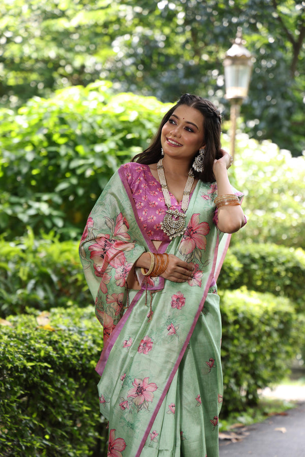 Soft Tussar Silk Saree with Floral Print - PISTA