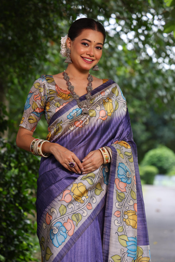 Tussar Silk Kalamkari Print Saree - PURPLE