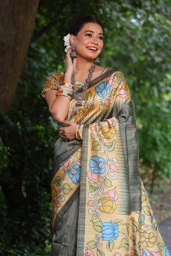 Tussar Silk Kalamkari Print Saree - MEHNDI