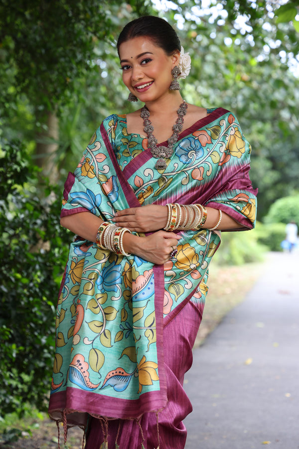 Tussar Silk Kalamkari Print Saree - WINE