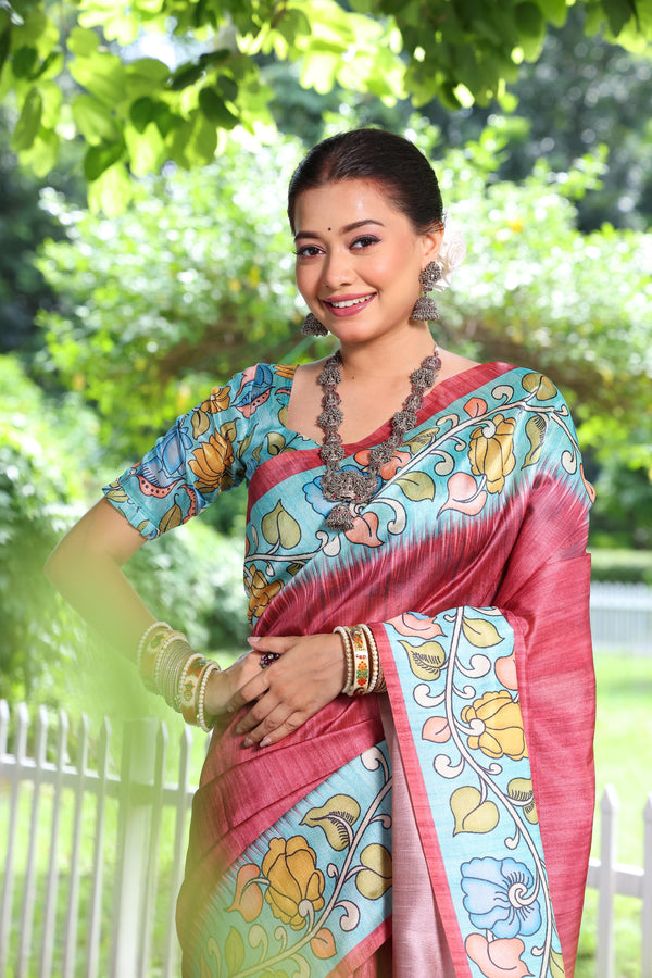 Tussar Silk Kalamkari Print Saree - RED