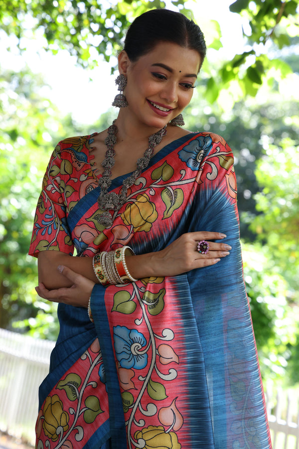 Tussar Silk Kalamkari Print Saree - BLUE