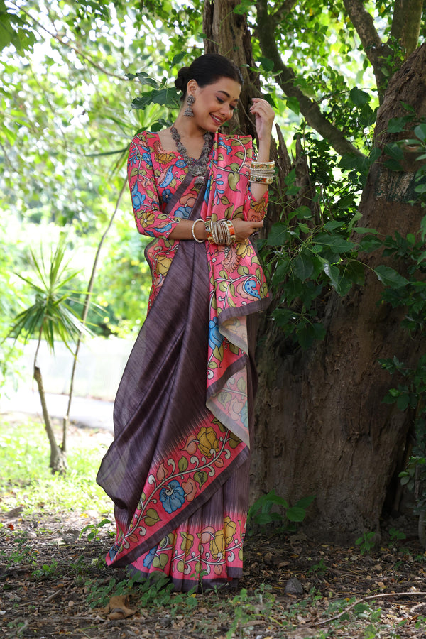 Tussar Silk Kalamkari Print Saree - COFFEE