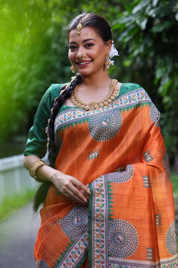 Tussar Silk Kalamkari Print Saree - ORANGE