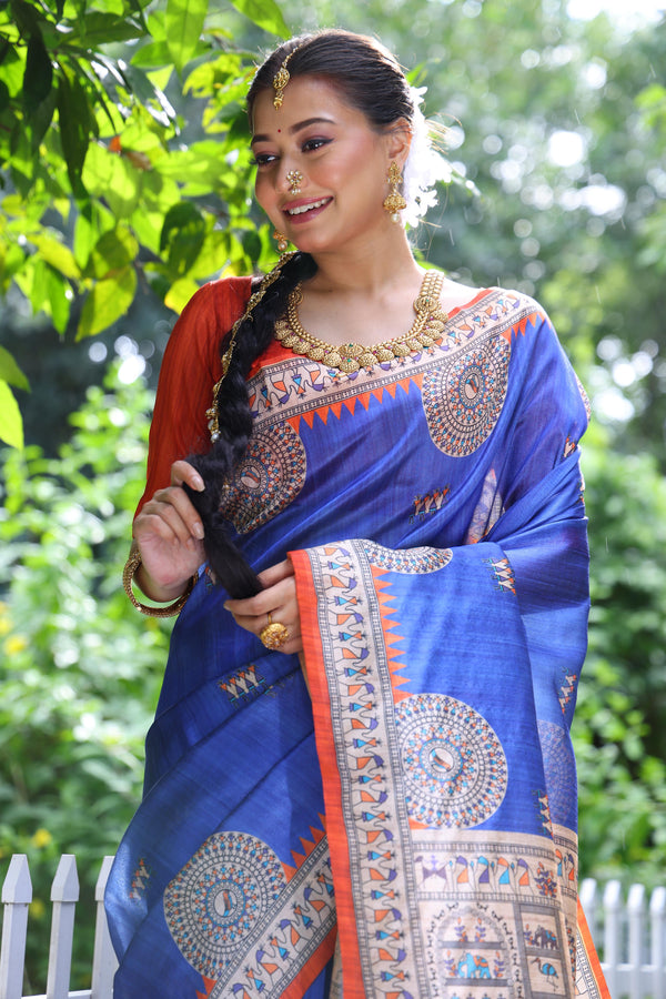 Tussar Silk Kalamkari Print Saree - BLUE