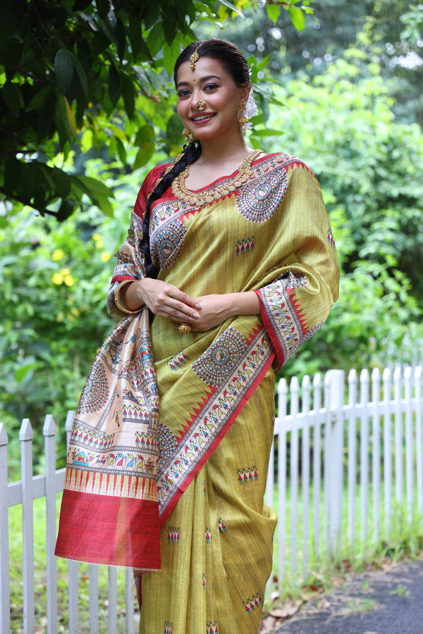 Tussar Silk Kalamkari Print Saree - MEHNDI