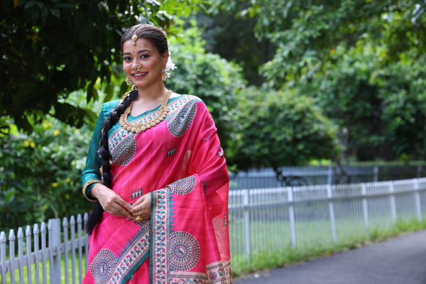 Tussar Silk Kalamkari Print Saree - PINK
