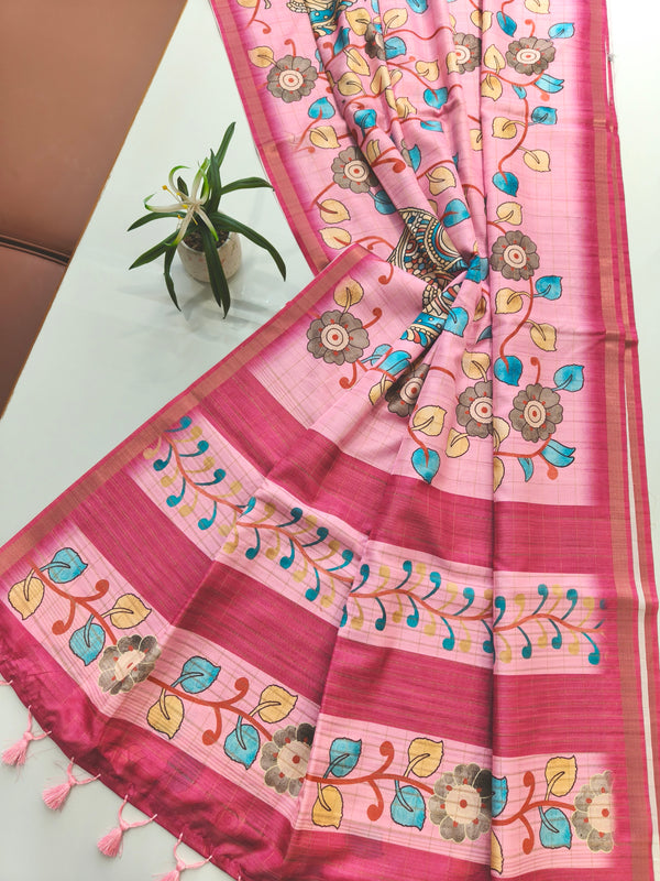 Soft Tussar Checks Kalamkari Silk Saree - PINK
