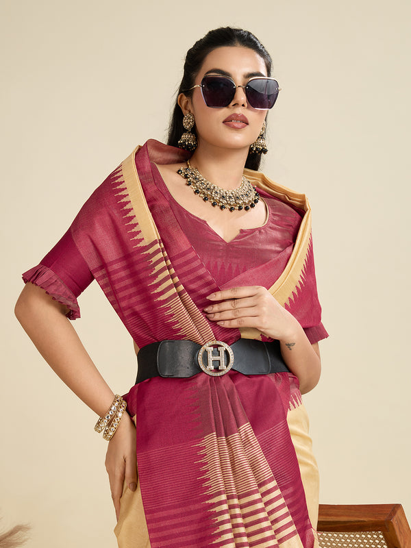 Raw silk Saree With Temple Border - CHIKU