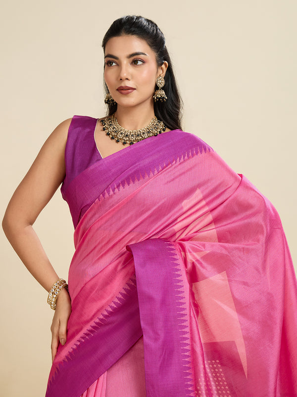 Raw silk Saree With Temple Border - PINK