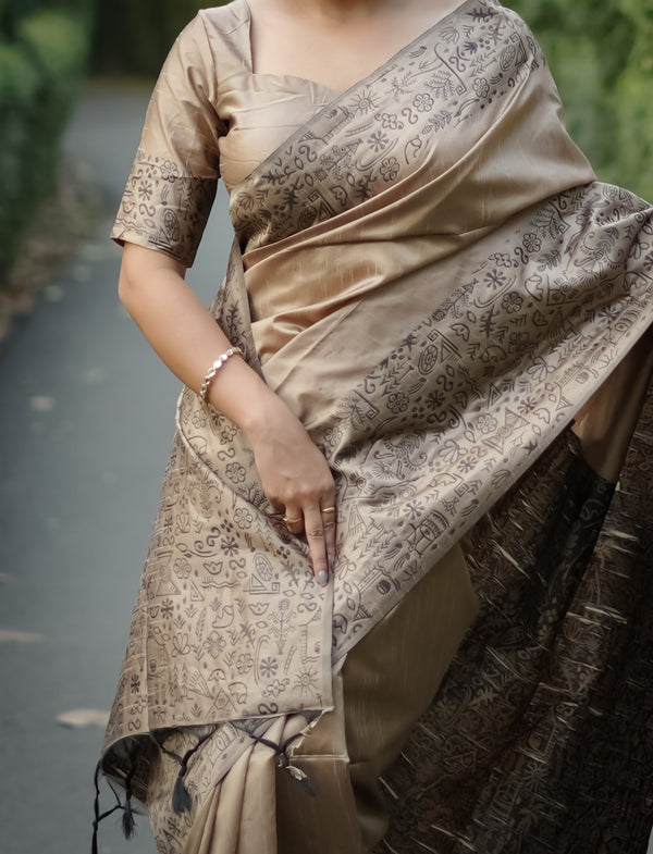 Handloom raw silk saree - CHIKU
