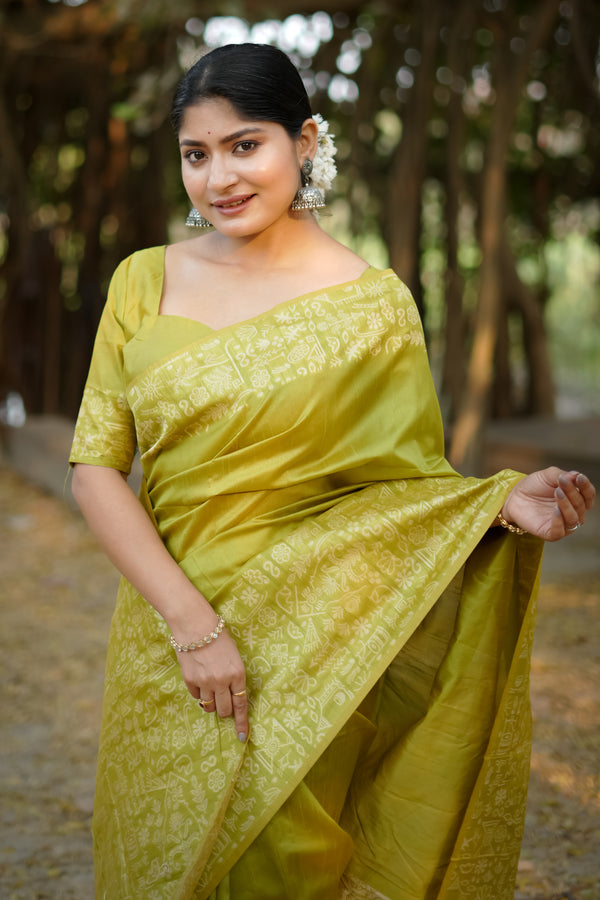 Handloom raw silk saree - MEHNDI