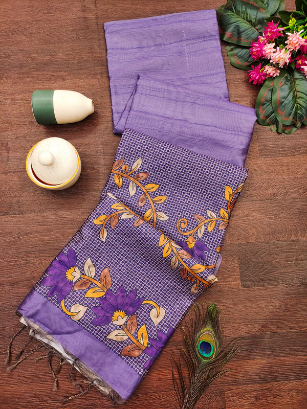 Soft Tussar Silk Saree with Floral Print - PURPLE