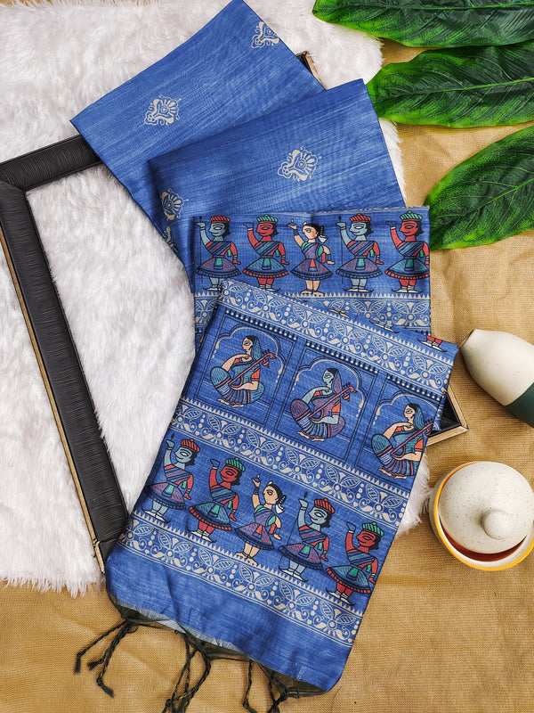 Madhubani Printed Saree - BLUE