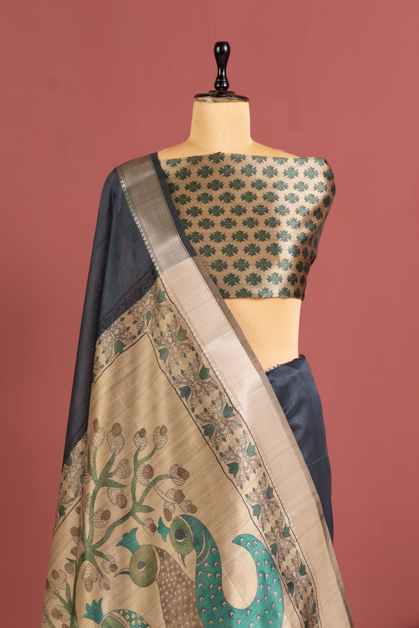 Soft Raw Silk Kalamkari Printed Pallu - GREY