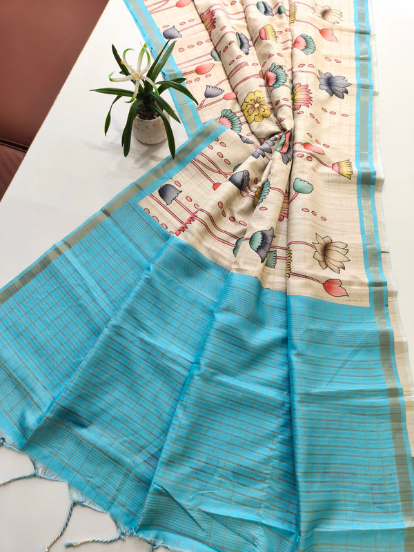 Soft Tussar Check Silk Saree - SKY BLUE