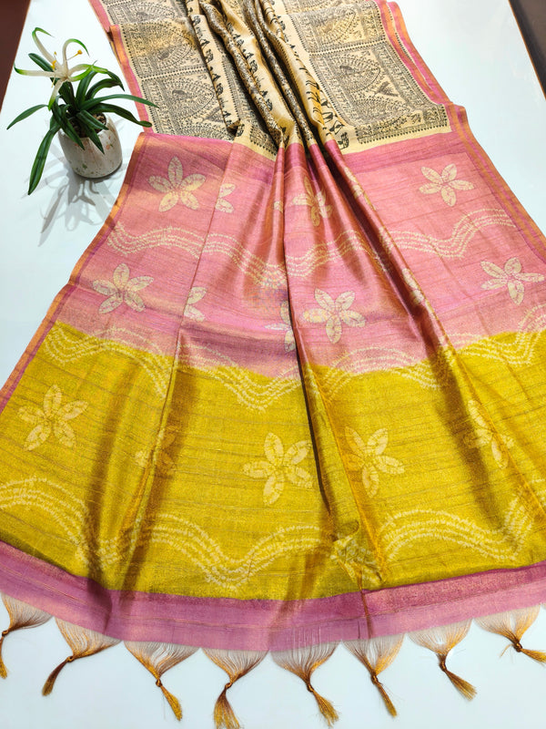 Tissue Zari Saree With Print Warli  - PINK-YELLOW