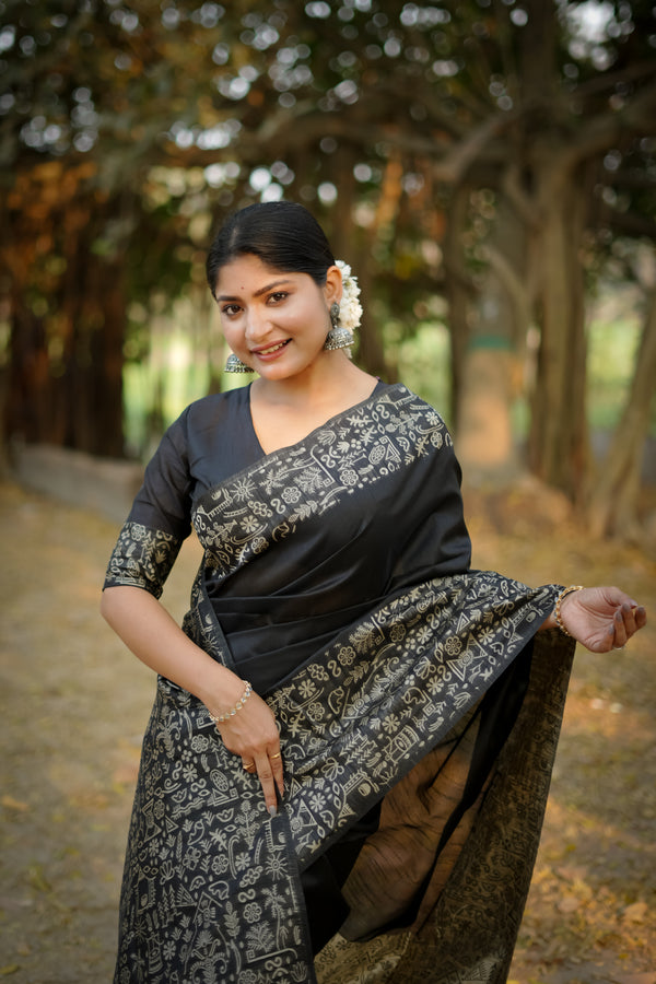 Handloom raw silk saree - BLACK