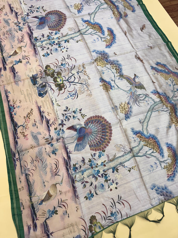Mallai Silk Peacock Floral Print Saree - GREEN