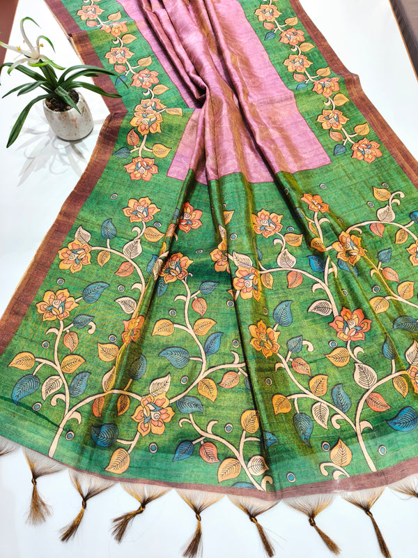 Tissue Tussar Zari Flower Pallu Saree - PINK