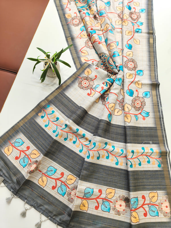 Soft Tussar Checks Kalamkari Silk Saree - GREY