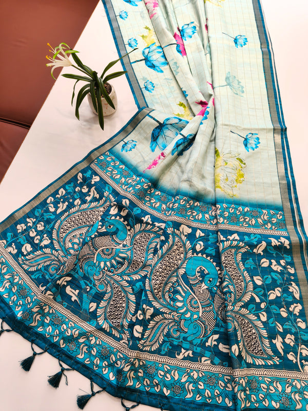 Soft Tussar Checks Saree With Kalamkari Print Saree - BLUE