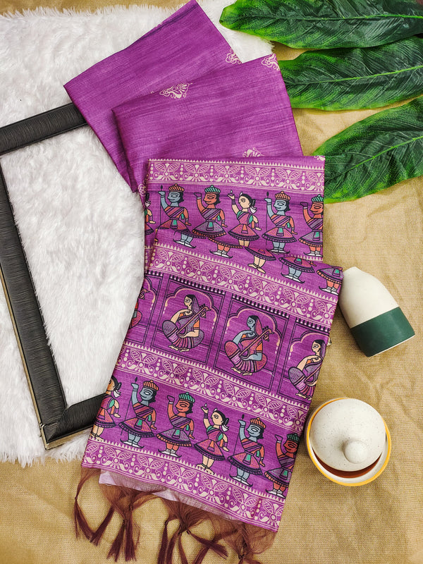 Madhubani Printed Saree - WINE