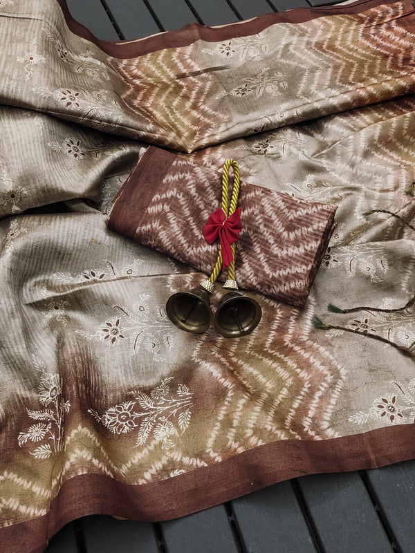 Soft Tussar Silk Saree with floral print - COFFEE