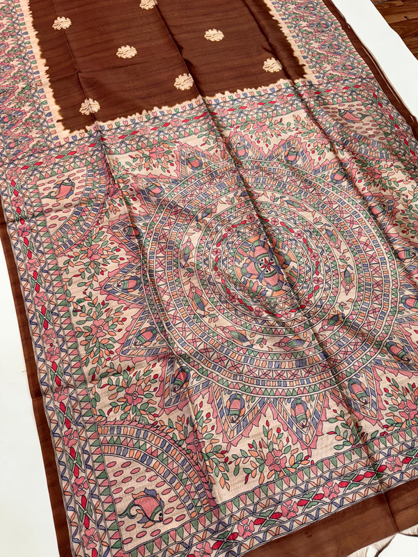 Tussar Silk Madhubani 101 - COFFEE