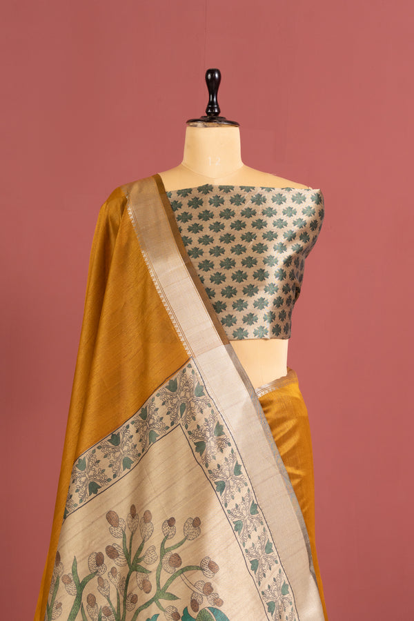 Soft Raw Silk Kalamkari Printed Pallu - YELLOW