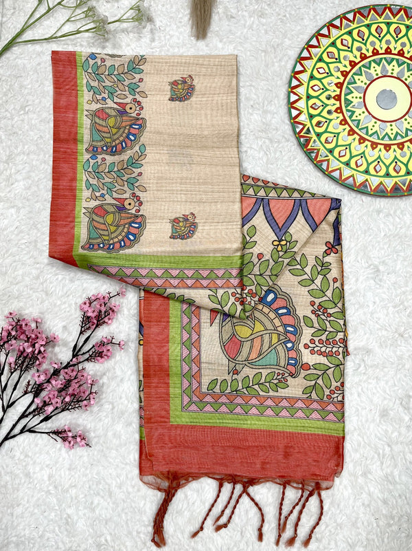 Tussar Silk Madhubani Print Saree - CHIKU