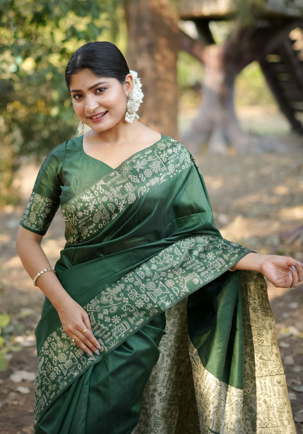 Handloom raw silk saree - BT GREEN