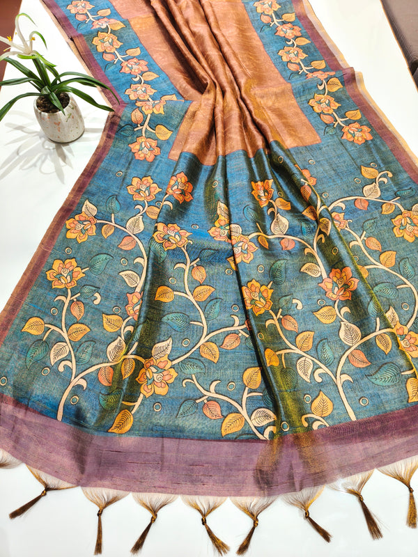 Tissue Tussar Zari Flower Pallu Saree - COFFEE