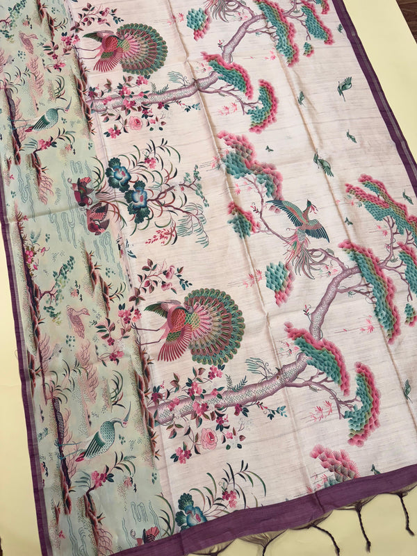 Mallai Silk Peacock Floral Print Saree - WINE