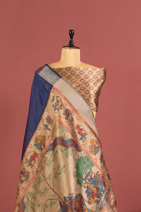 Soft Raw Silk Kalamkari Printed Pallu - BLUE