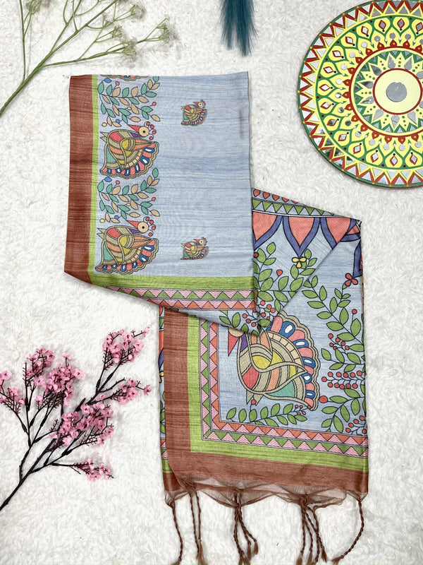 Tussar Silk Madhubani Print Saree - BLUE