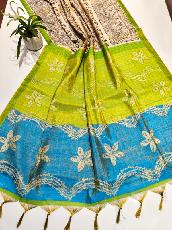 Tissue Zari Saree With Print Warli  - MAHENDI-BLUE