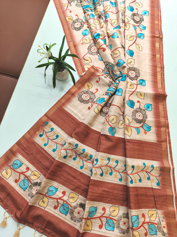 Soft Tussar Checks Kalamkari Silk Saree - BROWN