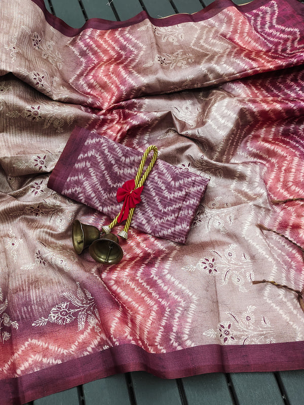Soft Tussar Silk Saree with floral print - MAROON