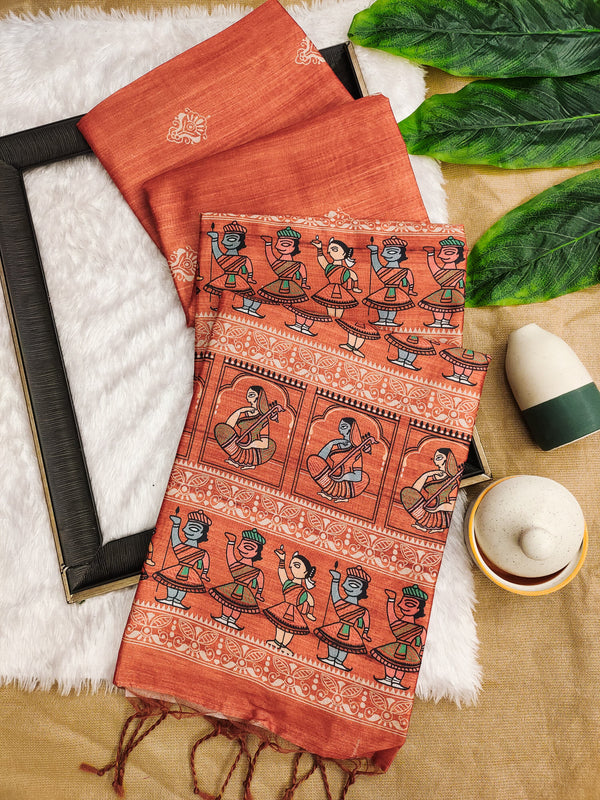 Madhubani Printed Saree - ORANGE