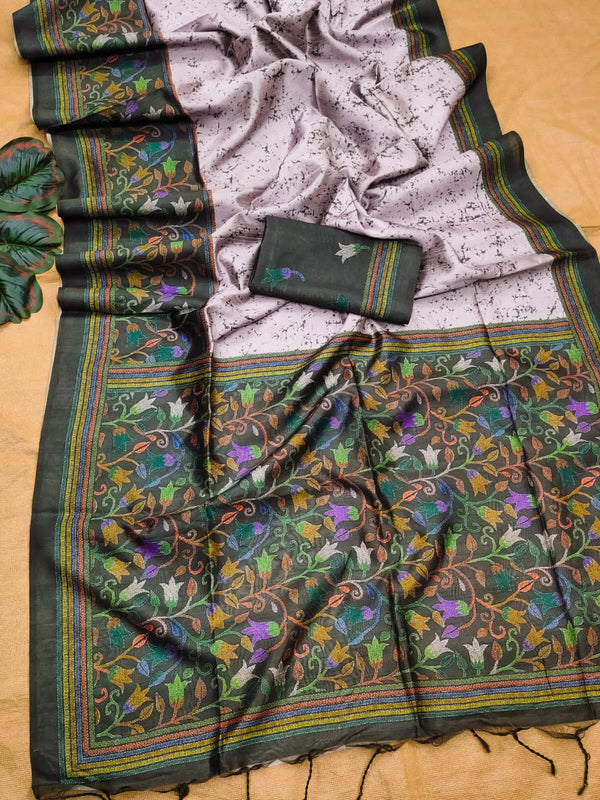 Soft Tussar Silk Saree with beautiful floral print - BT GREEN