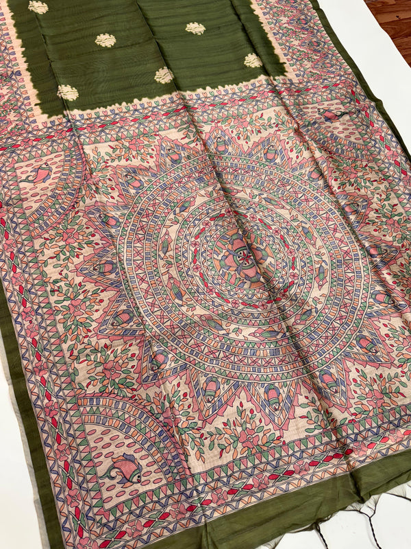 Tussar Silk Madhubani 101 - GREEN