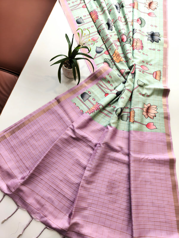 Soft Tussar Check Silk Saree - PINK