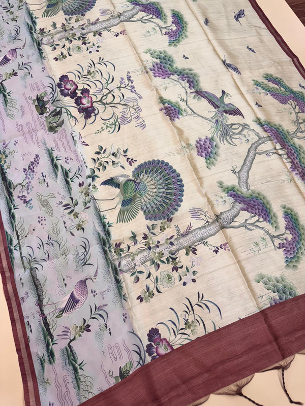 Mallai Silk Peacock Floral Print Saree - MAROON