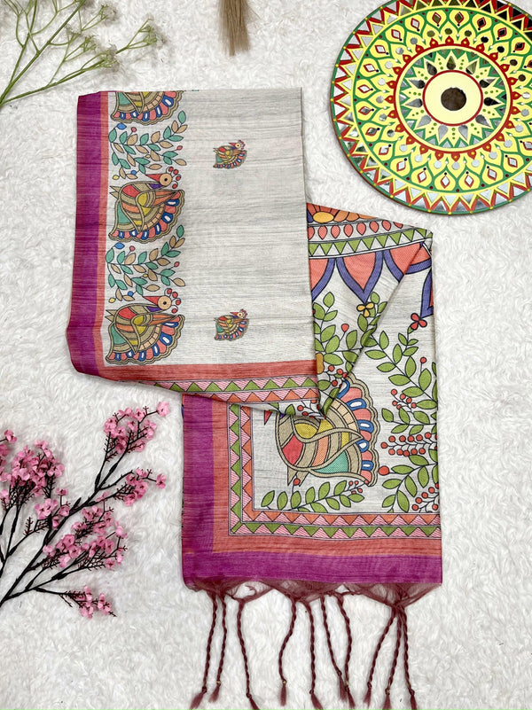 Tussar Silk Madhubani Print Saree - GREY
